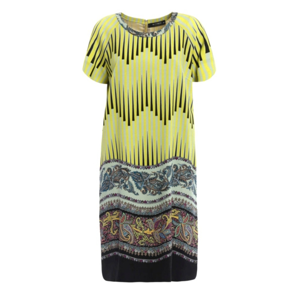 ETRO Milano Lime Multicolor Geometric Paisley Wool Short Sleeve Shift Dress 40 S
